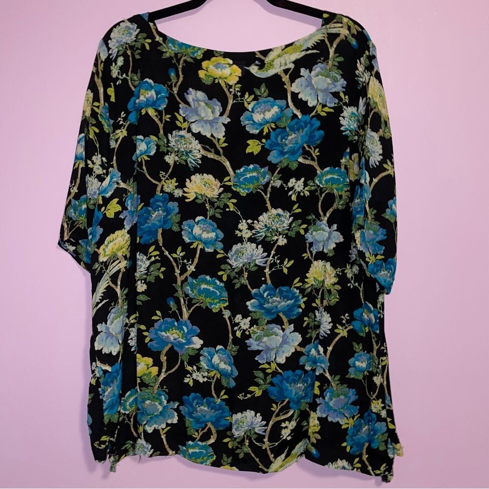 J Jill XLP Black Floral Blouse Short Sleeve Tunic Top - Picture 6 of 8